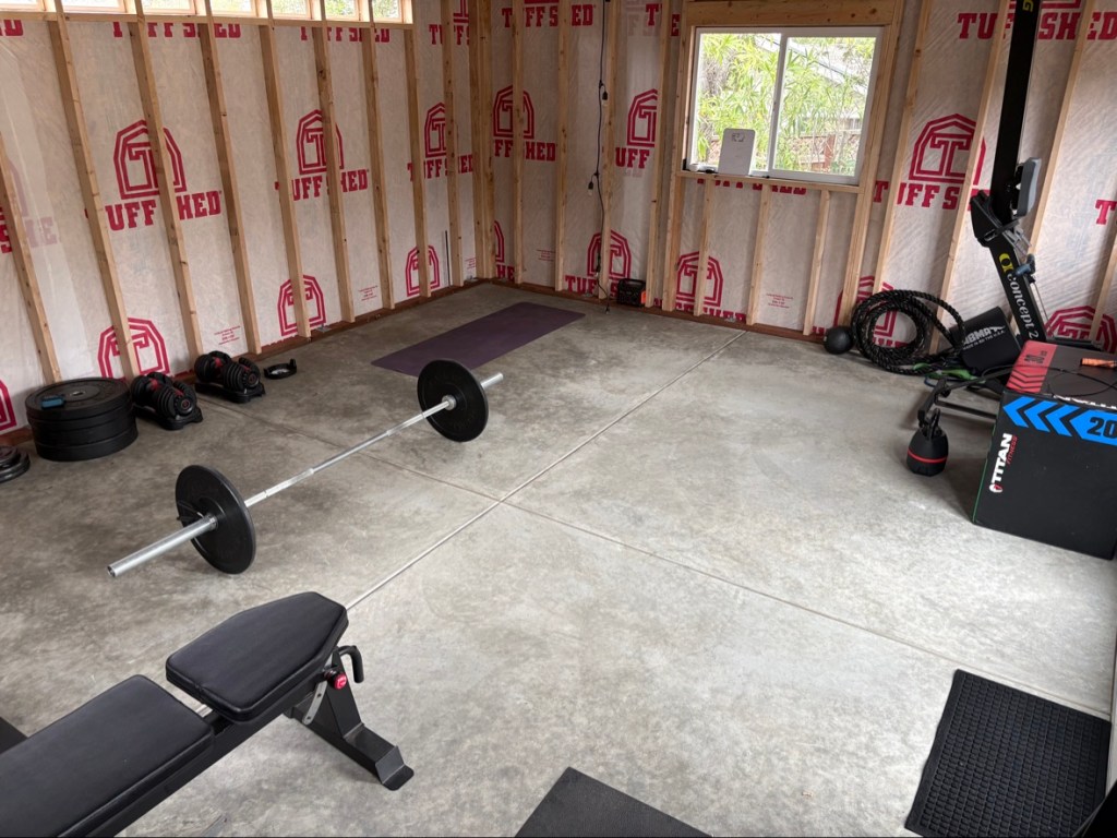Bare Tuff Shed wall studs before the pine plank walls went up