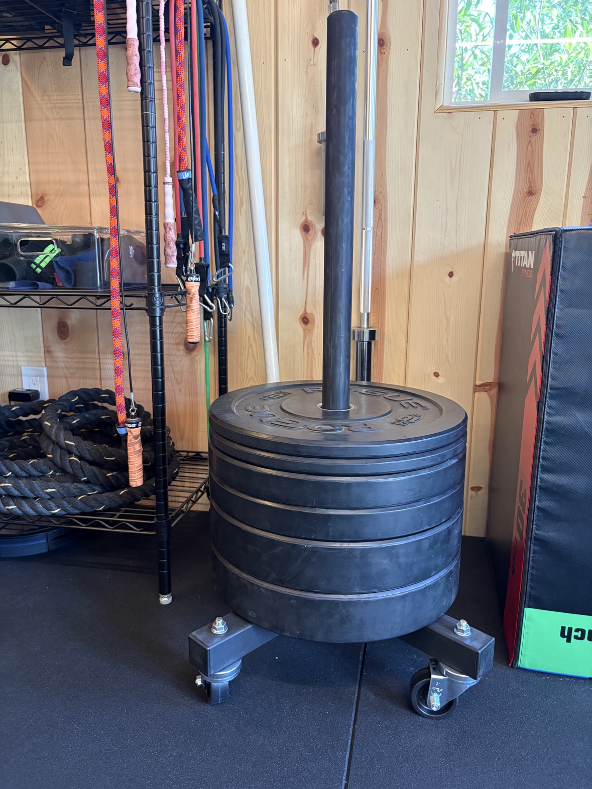 Rogue bumper plate stacker with plates in the gym