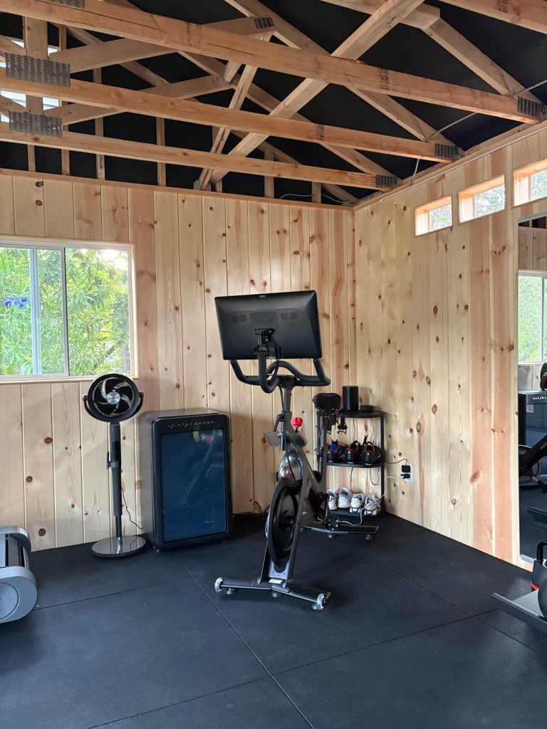 Black DREO smart standing fan in the gym