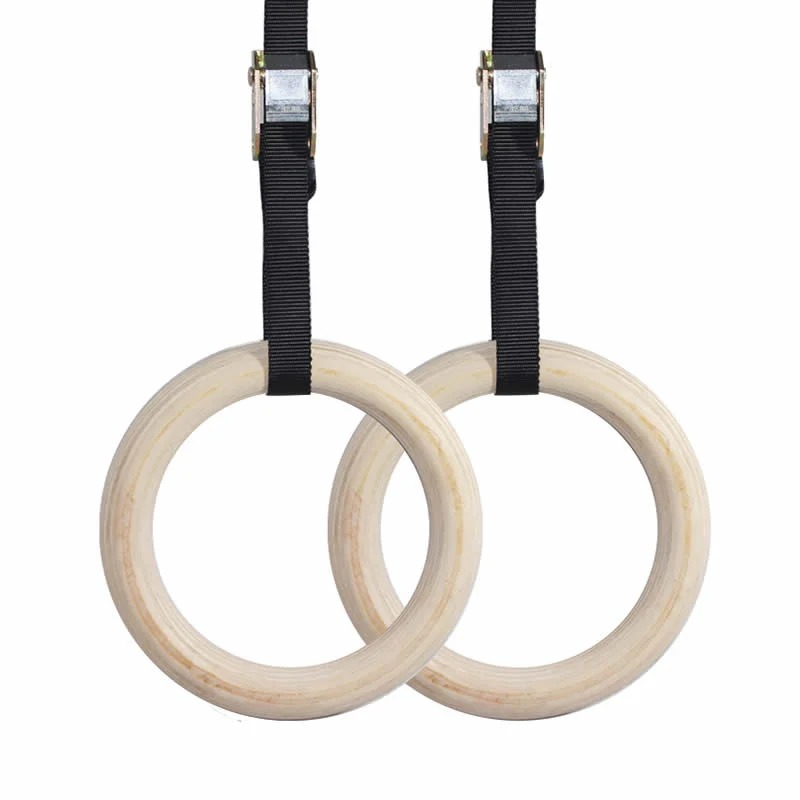 Wooden gymnastics rings with straps