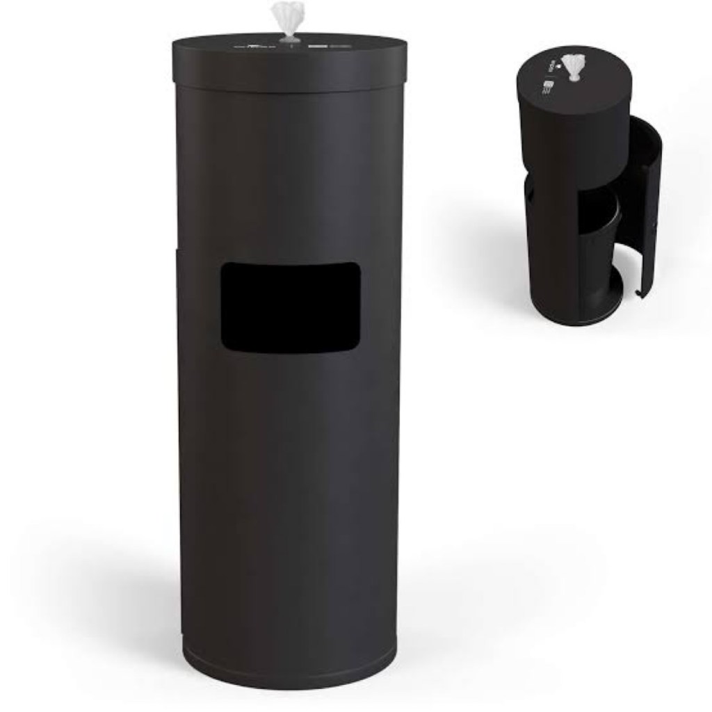 Black cylindrical gym trash can with a wipe dispenser on top.