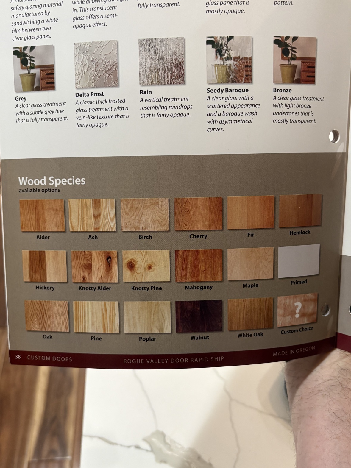 Wood species sample page showing alder, ash, birch, cherry, fir, hemlock, hickory, knotty alder, knotty pine, mahogany, maple, oak, pine, poplar, walnut, and white oak options