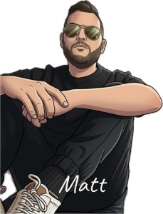 Cartoon illustration of Matt with his signature