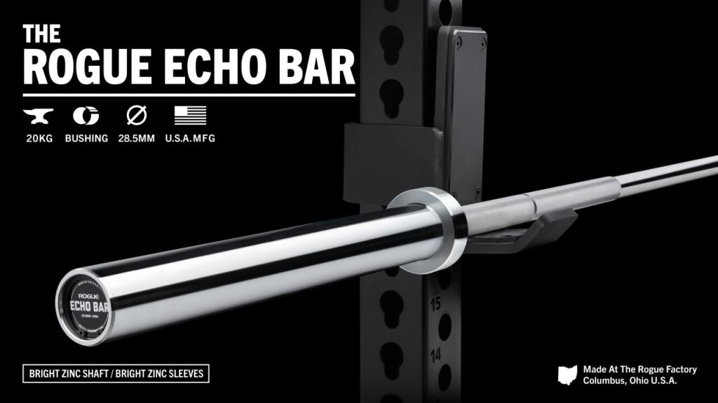 Rogue Echo Bar 2.0 Olympic barbell on a gym floor.